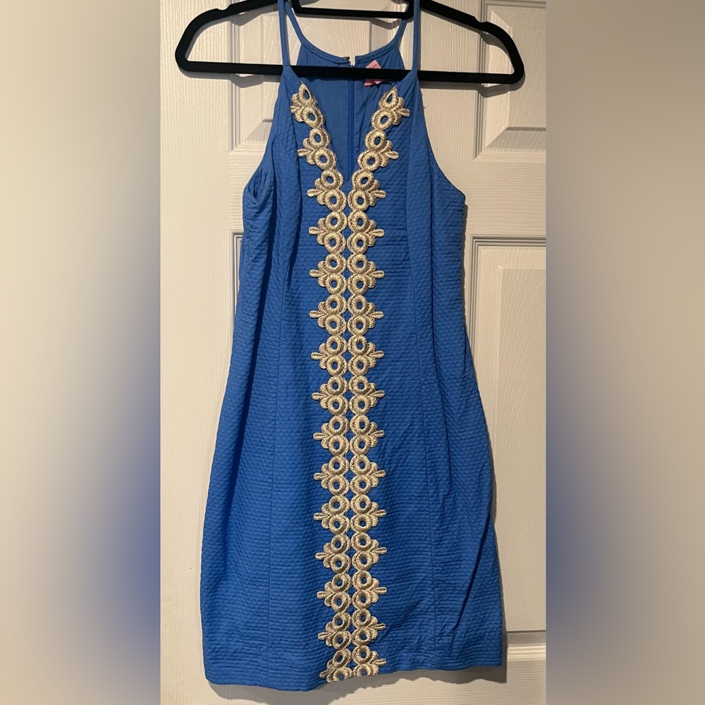 Lilly Pulitzer Embellished Blue and Gold Halter Sheath Dress